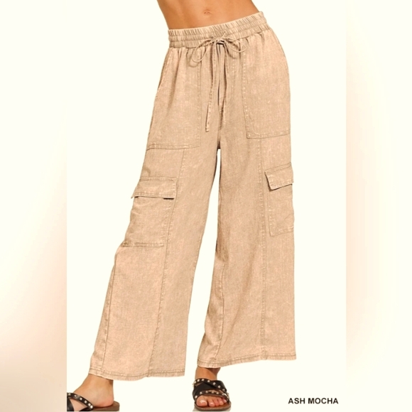 Ash Mocha Wide-Leg Cargo Pants | Linen Blend | L (8-10) - Picture 1 of 3